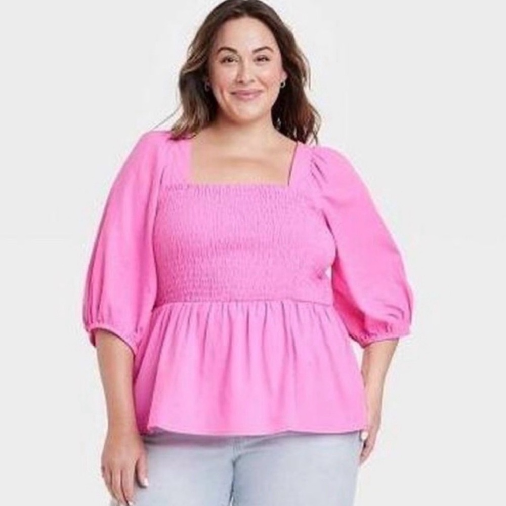 Ava & Viv Pink Smocked Peplum Blouse XXL Puff Sleeve Square Neck